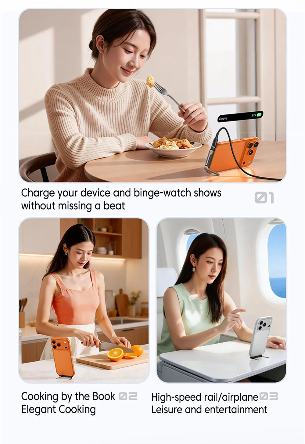 A woman is shown using a USB-C adapter with a foldable stand to charge a device while binge-watching shows.