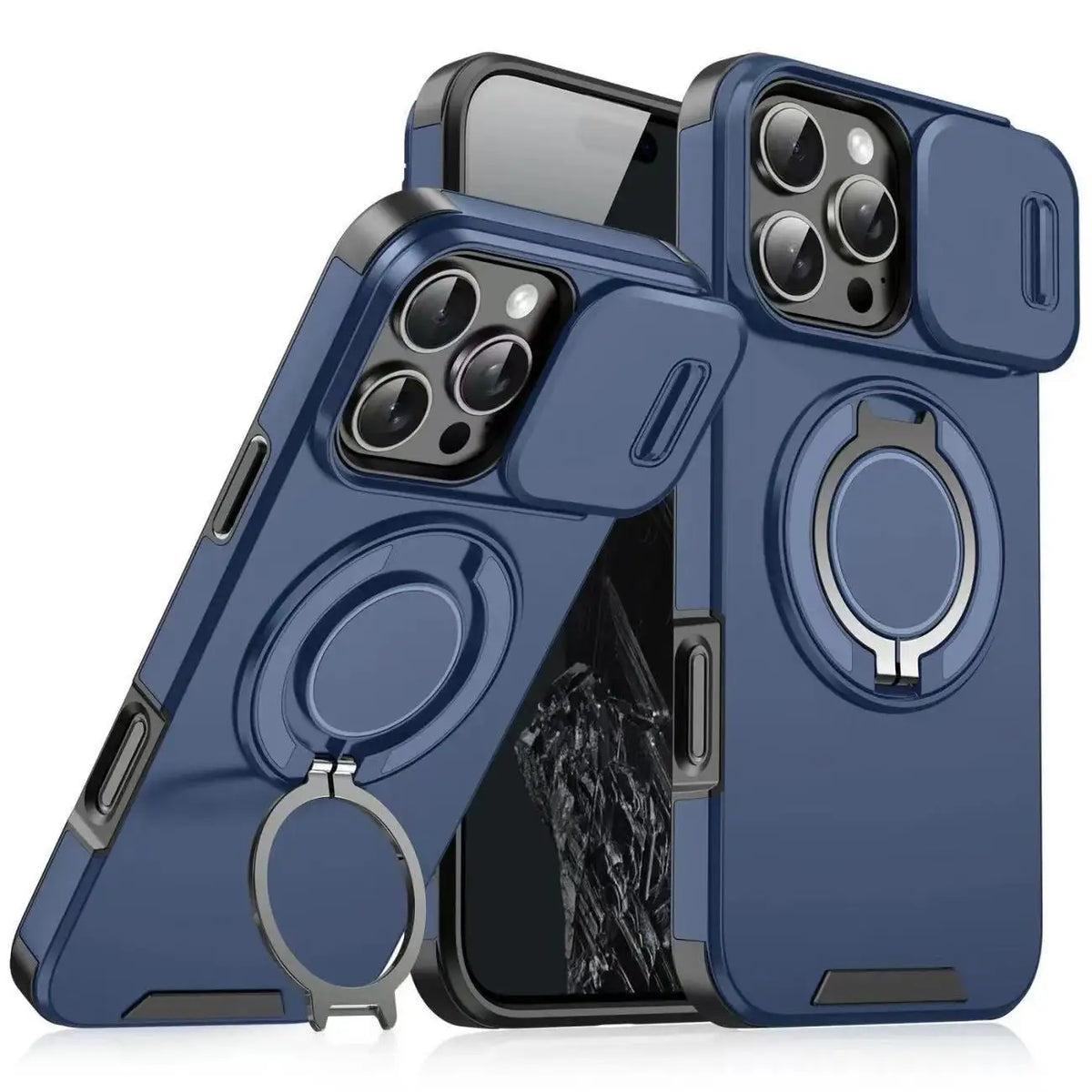 A blue phone case with a sliding camera lens protection feature and kickstand is shown.
