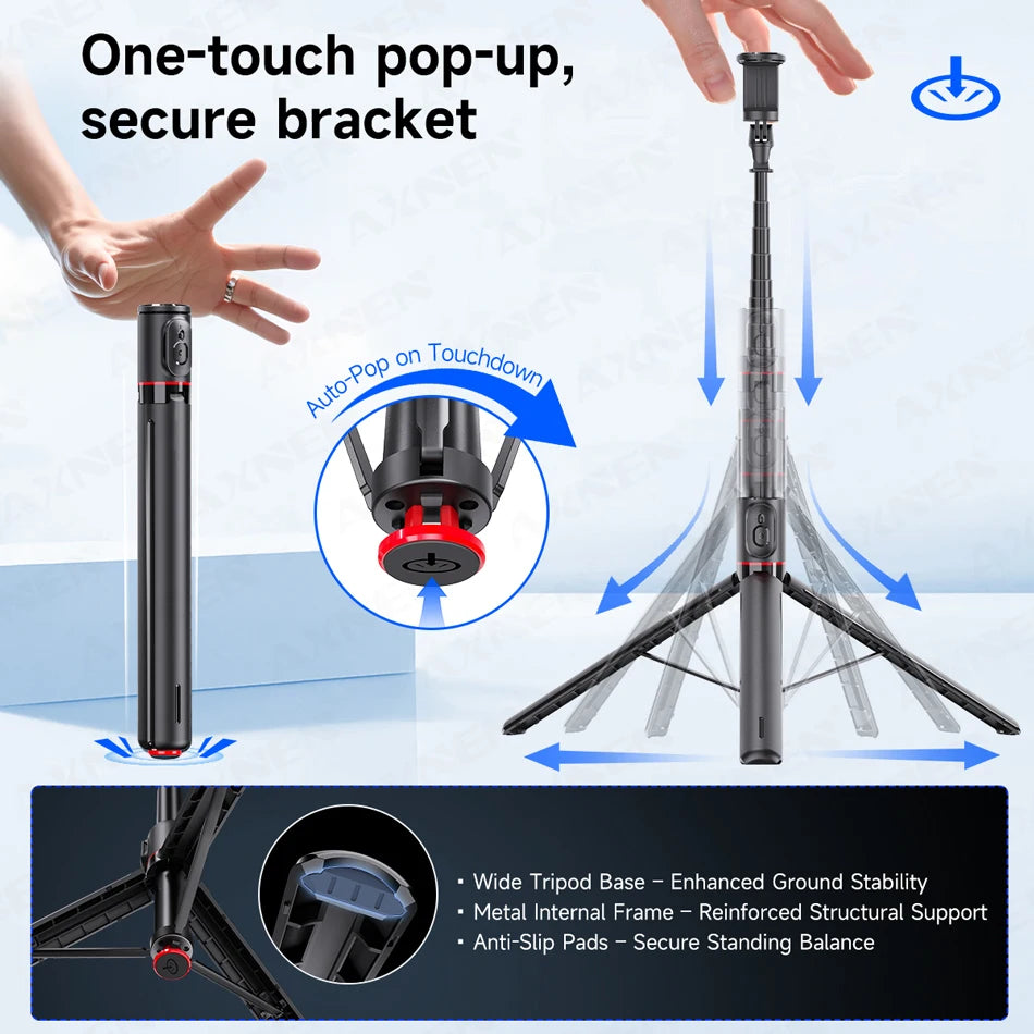 A black auto-pop-up tripod selfie stick is shown with a hand preparing to touch the device for deployment.
