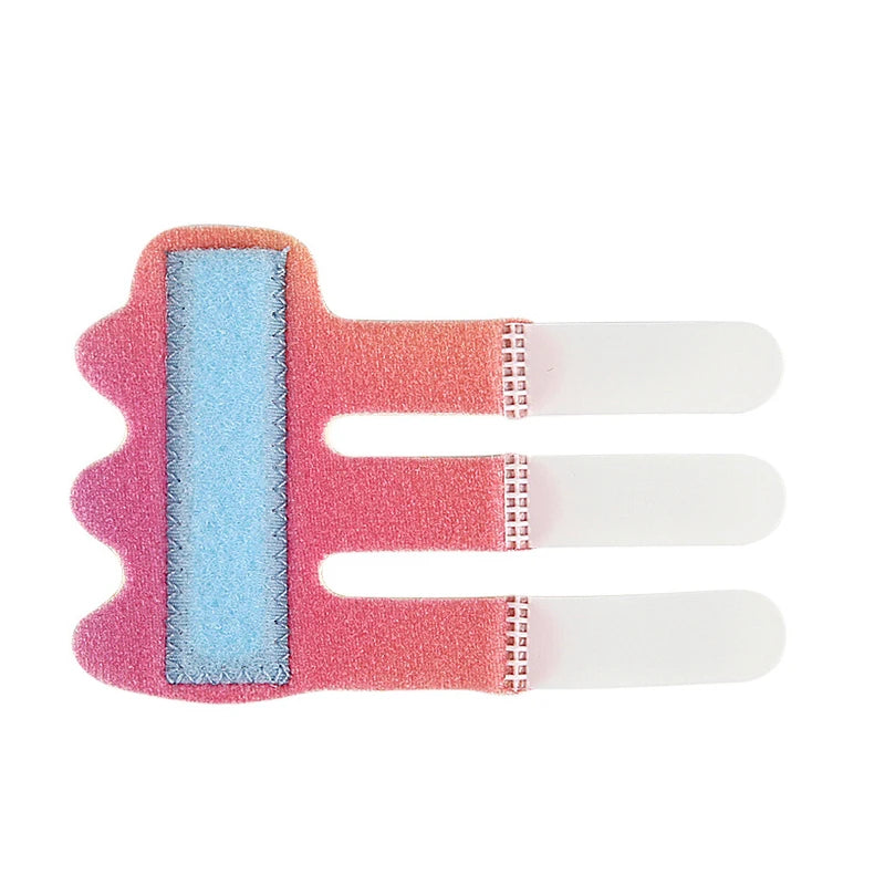Pink adjustable finger splint with a blue insert for pain relief and support