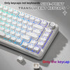 A close-up view of white translucent keycaps for mechanical keyboards with a cat theme displayed on a light gray surface.