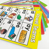 A set of colorful phonics teaching cards featuring vowels like ue, oa, ey, ie, ee, ay, and ai.