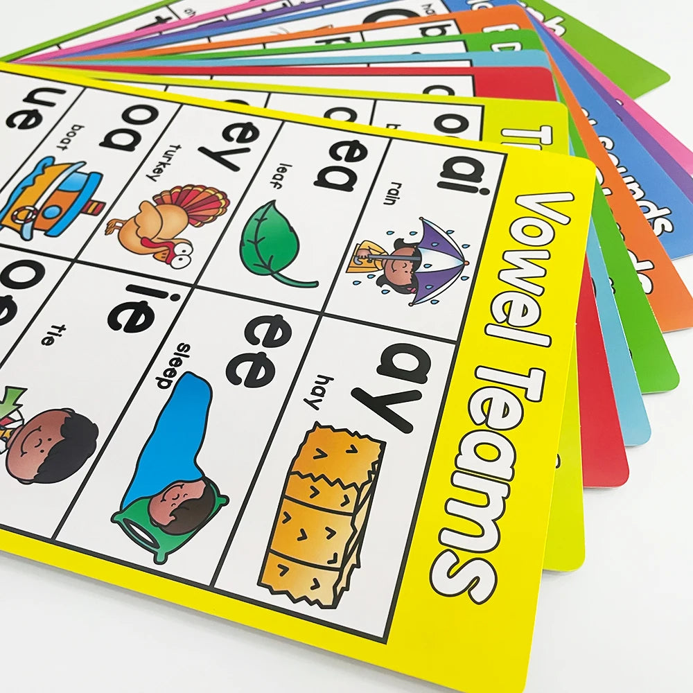 A set of colorful phonics teaching cards featuring vowels like ue, oa, ey, ie, ee, ay, and ai.