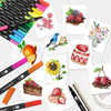 A collection of dual-tip brush markers in various vibrant colors, including black, pink, green, and yellow, displayed alongsi