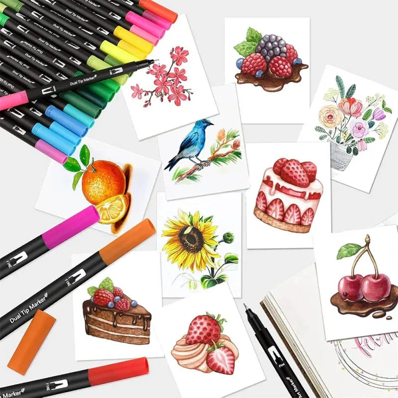 A collection of dual-tip brush markers in various vibrant colors, including black, pink, green, and yellow, displayed alongsi