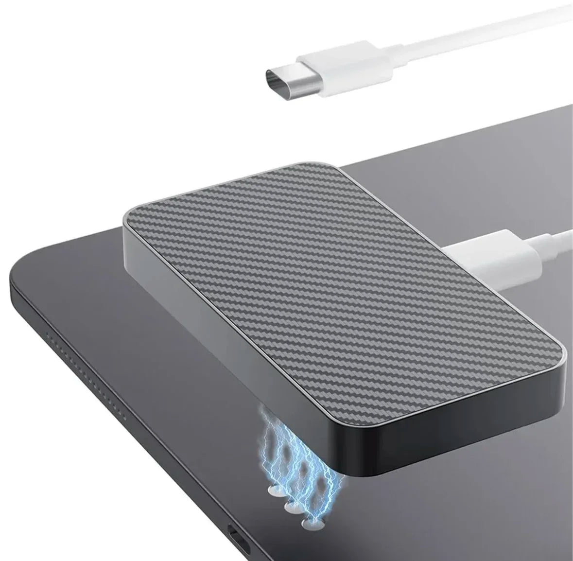 A magnetic wireless charging module rests on a dark surface, with blue electrical arcs visible below it.