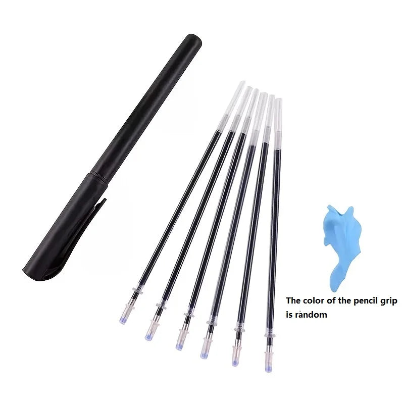 A black reusable practice copybook with multiple clear pens and a light blue pencil grip.