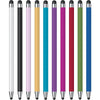 A vertical display of multiple precision capacitive stylus pens in various colors including black, pink, yellow, cyan, purple