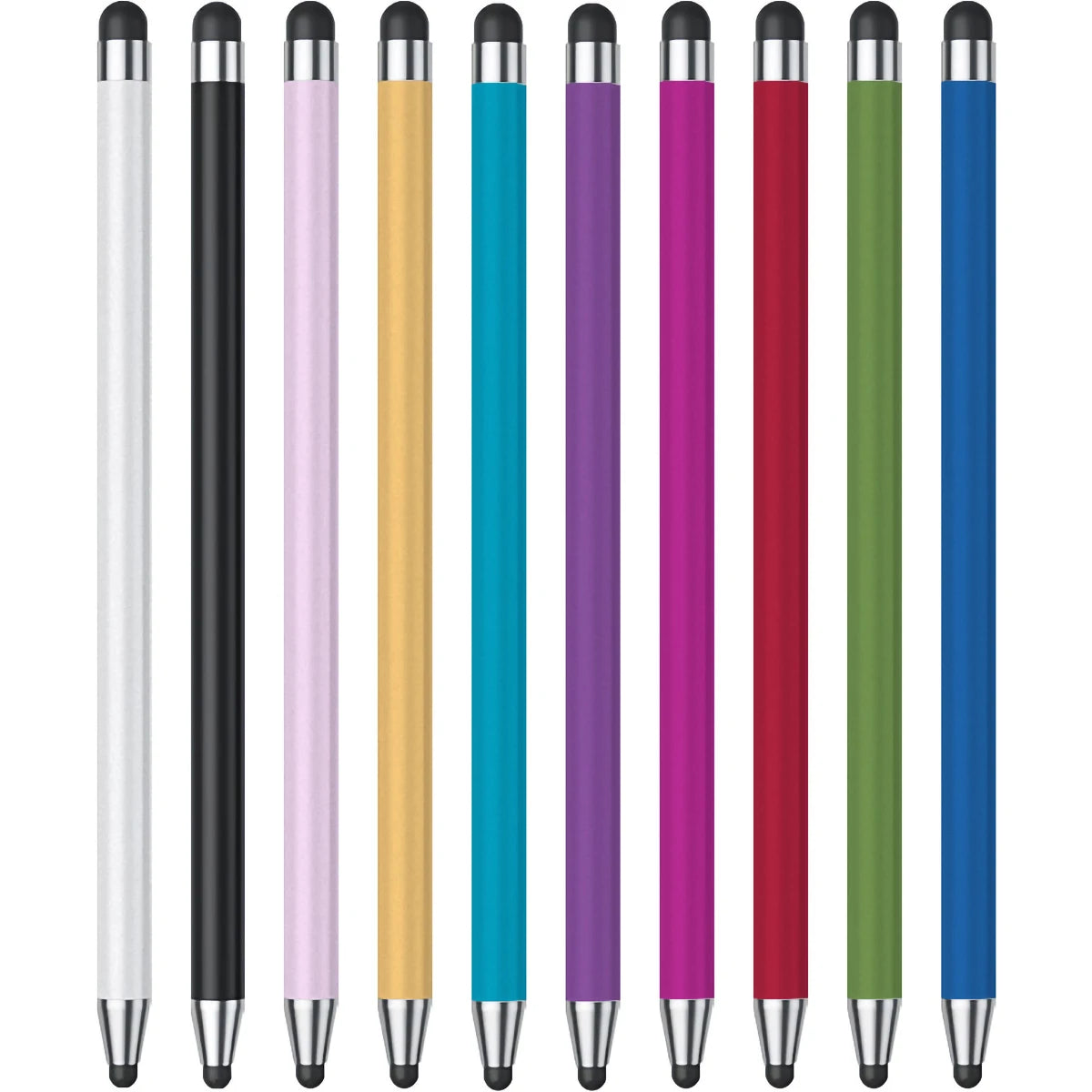 A vertical display of multiple precision capacitive stylus pens in various colors including black, pink, yellow, cyan, purple