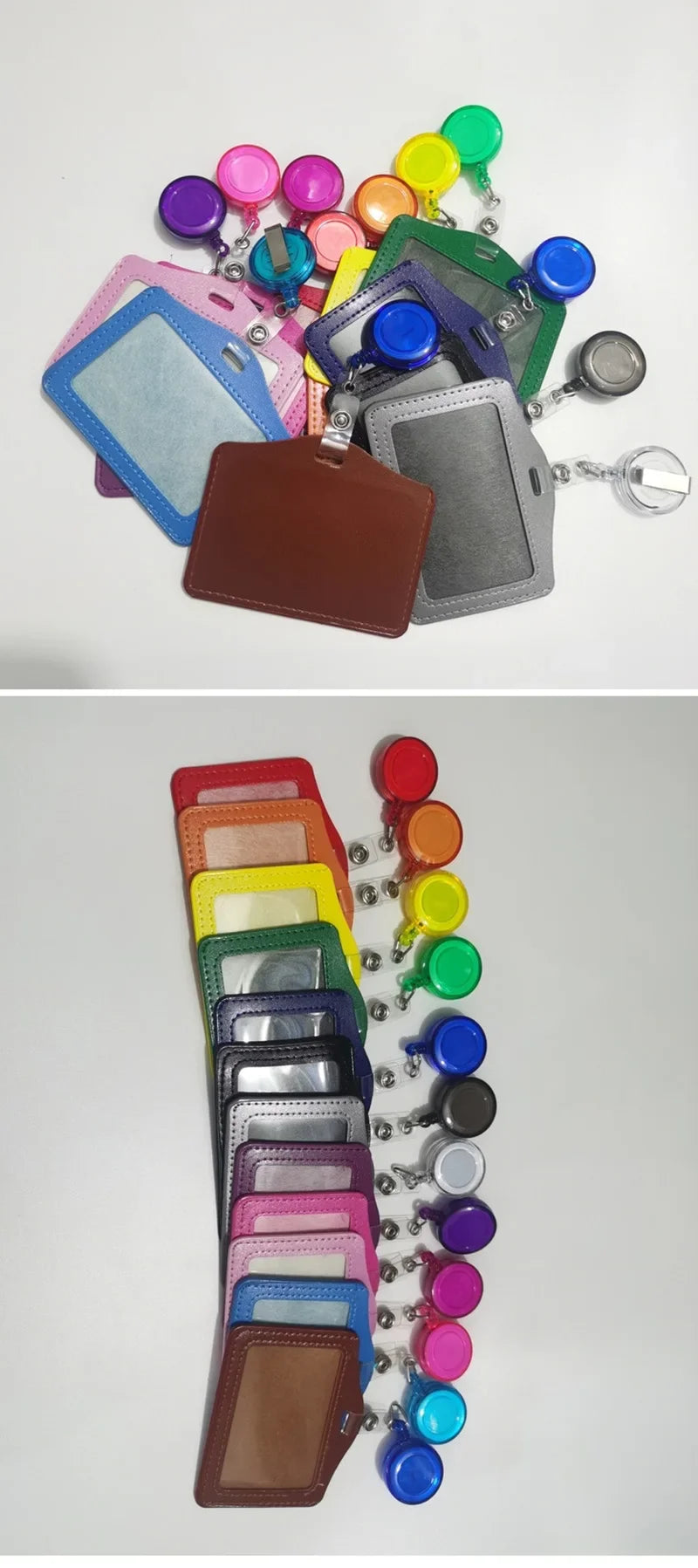 A collection of colorful PU leather retractable ID card holders and badge cases with metal reels.