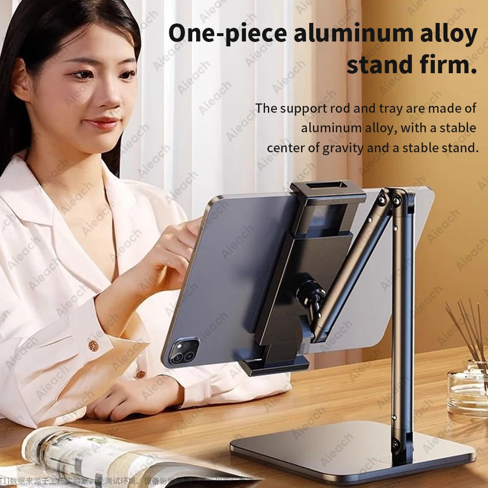 A woman is using a one-piece aluminum alloy stand firm for a tablet or phone.