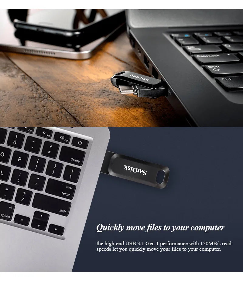 SanDisk Ultra Dual Drive flash drive being inserted into a laptop port for file transfer