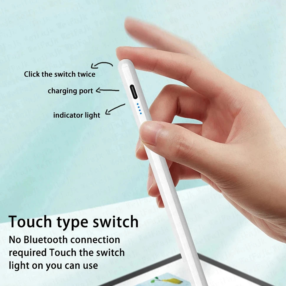 A hand is shown using a white stylus pen with a touch type switch to turn on an indicator light.