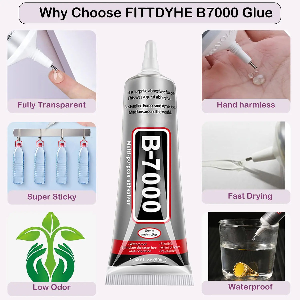 A bottle of FITTDYHE B7000 Glue shown with various features like transparency, stickiness, low odor, and waterproof propertie
