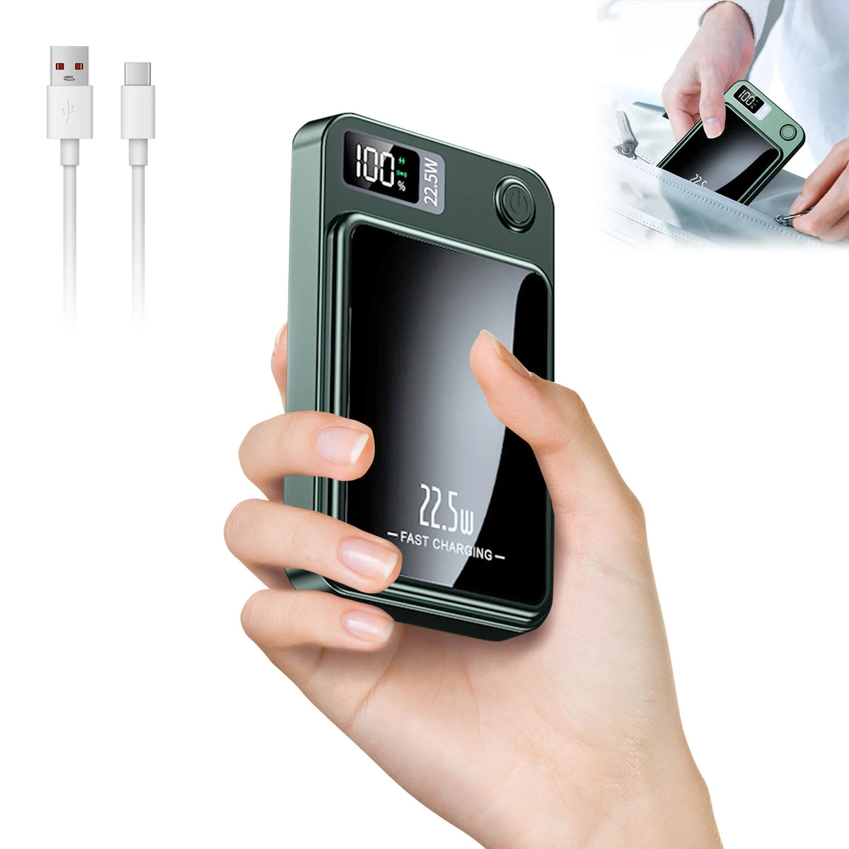 A hand holds a green magnetic wireless power bank with a digital display showing 100% charge and 22.5W fast charging capabili