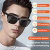 A man wearing black sunglasses with UV protection, HD clear vision, ultraviolet-proof features, and HIFI sound quality.