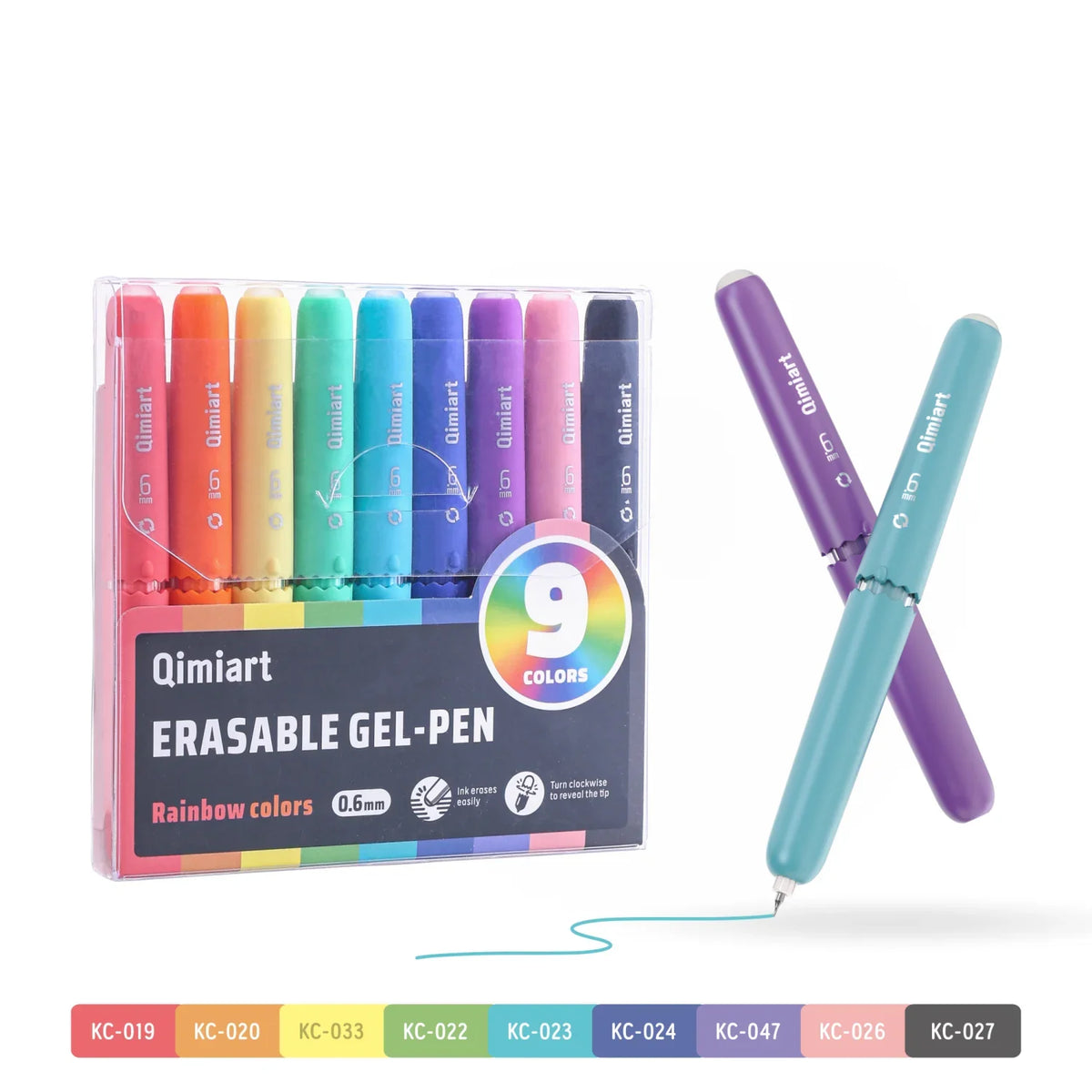 A set of nine colorful erasable gel pens in various shades and colors, including pink, orange, yellow, green, blue, purple, a