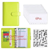 A lime green A6 budget planner with a leather cover and envelope system shown next to a stack of blank planner sheets.