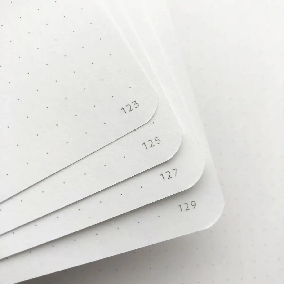 A stack of A5 dot grid notebooks showing page numbers 123, 125, 127, and 129.