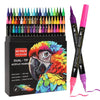 A set of dual-tip acrylic paint markers featuring various colors and a colorful parrot design.