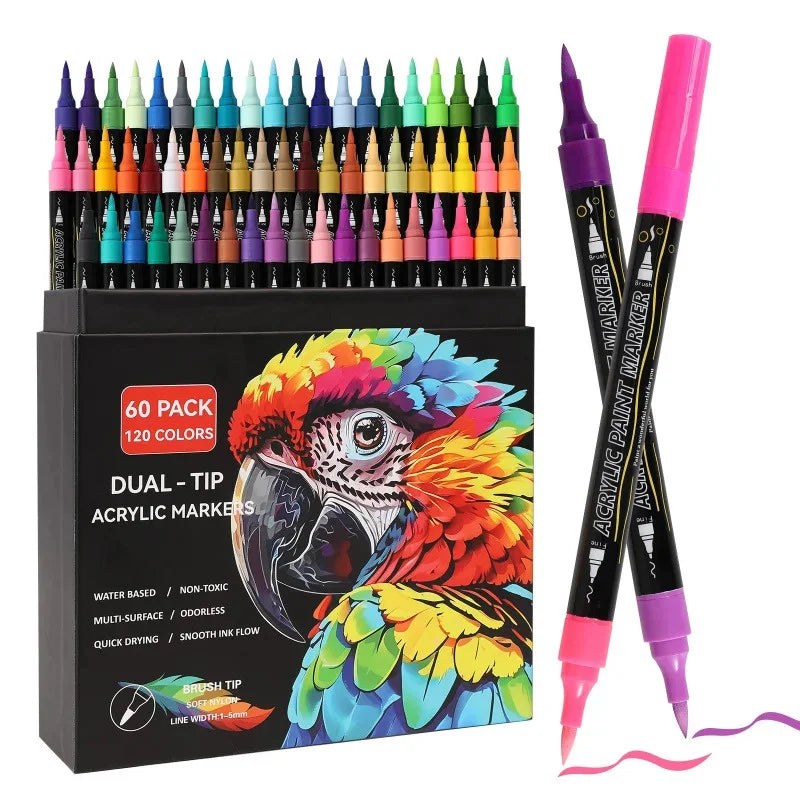 A set of dual-tip acrylic paint markers featuring various colors and a colorful parrot design.