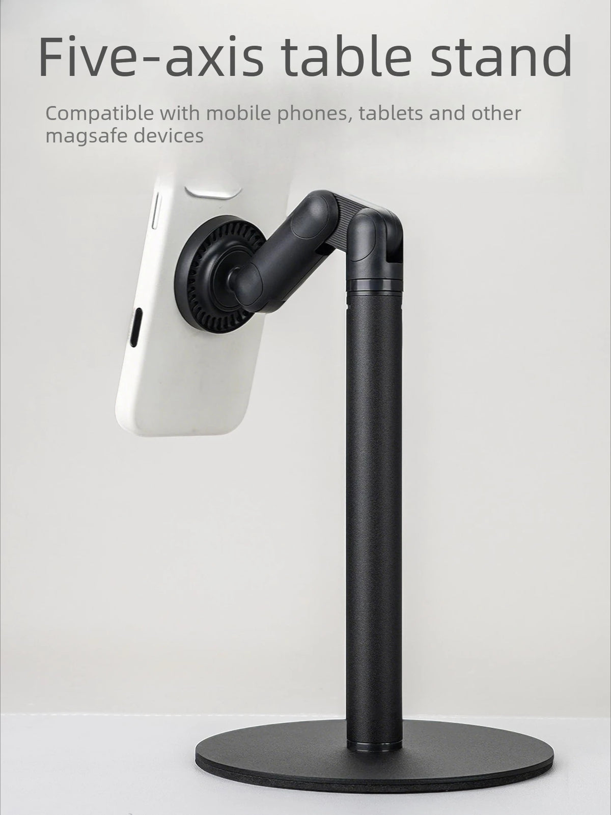 A black five-axis table stand mounted on a white wall, designed to hold mobile phones and tablets.