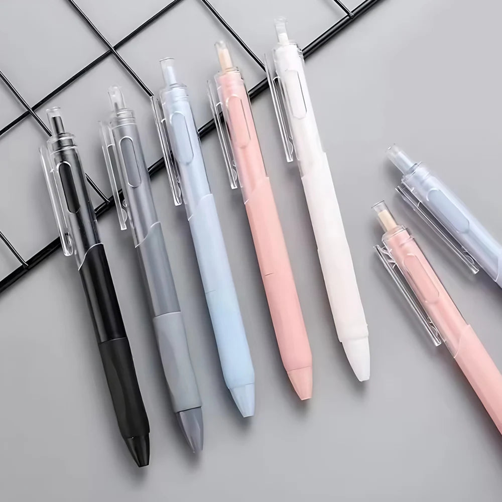 A pack of five smooth writing gel pens in various colors including black, silver, light blue, pink, and white.