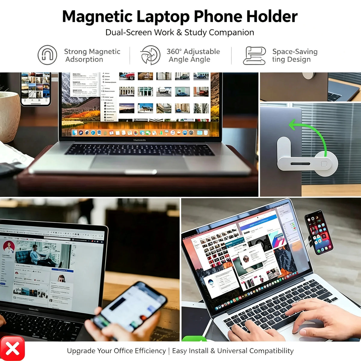 A magnetic phone holder designed to attach a smartphone to a laptop or monitor for convenient viewing.