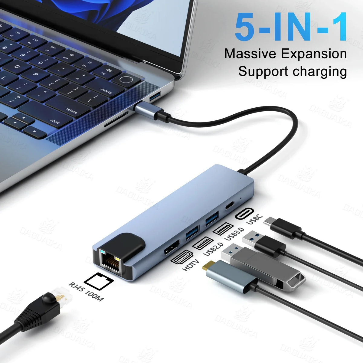 A blue 5-in-1 massive expansion support charging hub with multiple ports for a laptop.
