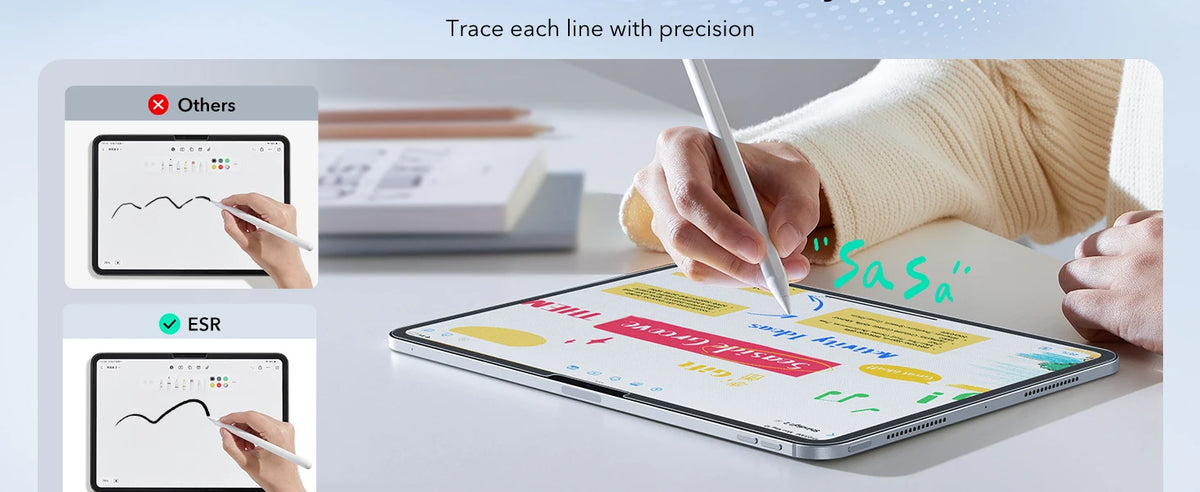 A hand traces a line on an iPad screen, demonstrating the precision of glass screen protectors for different lines.