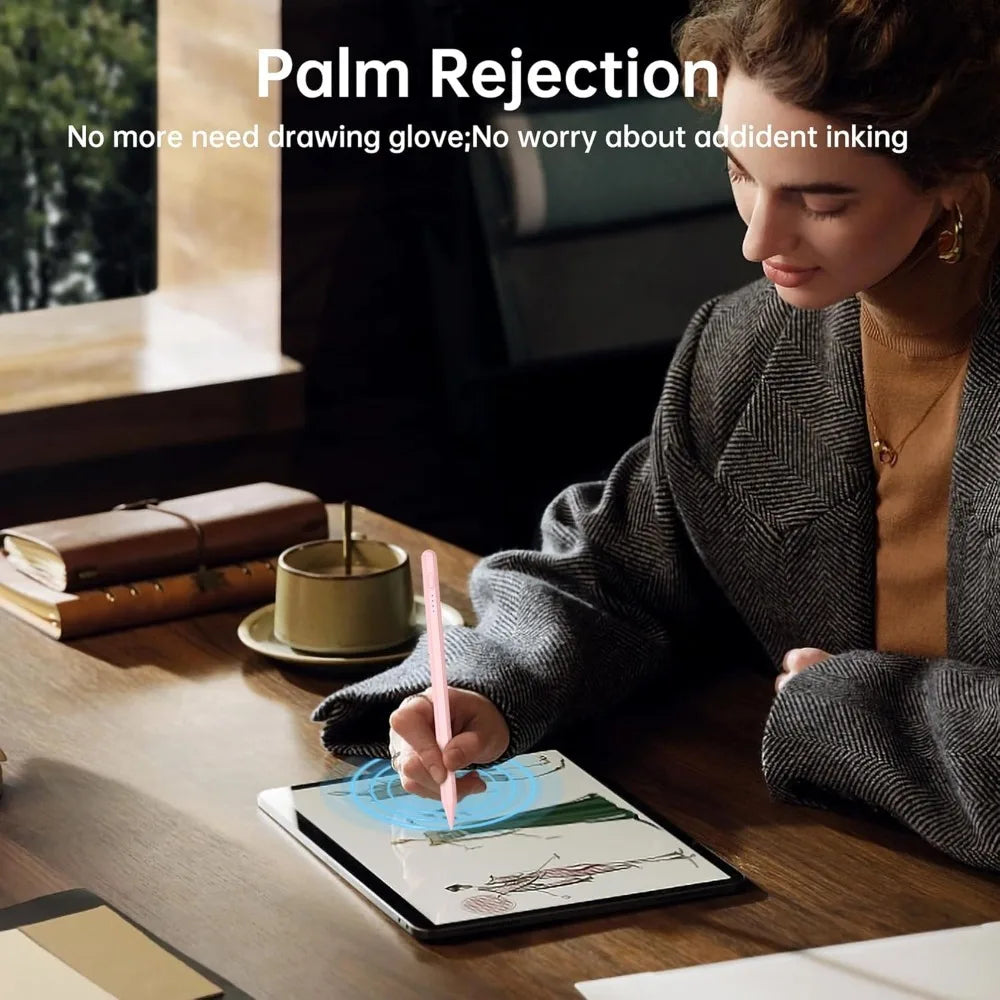A woman is using a pink stylus pen on an iPad, demonstrating palm rejection technology.