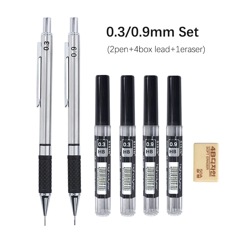 A set of 0.3/0.9mm metal mechanical pencils with HB lead cores and an eraser.