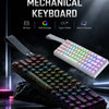 A close-up view of a black mechanical keyboard with purple and green RGB backlight, showing its layout and side-lit keycaps.