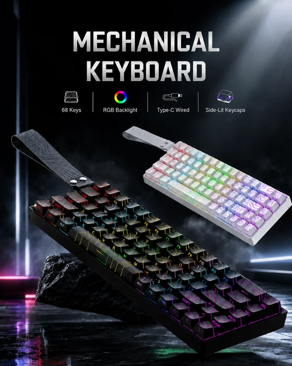 A close-up view of a black mechanical keyboard with purple and green RGB backlight, showing its layout and side-lit keycaps.