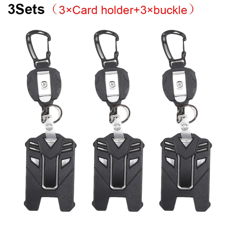 Three sets of tactical ID badge holder keychains with buckles shown side by side.