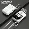 A white 10000mAh multi-port power bank with a flashlight is shown lying on a dark surface.