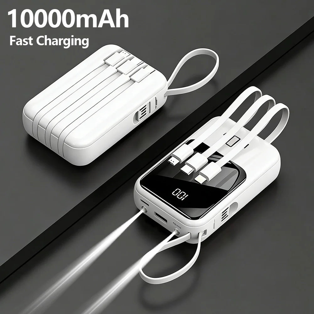 A white 10000mAh multi-port power bank with a flashlight is shown lying on a dark surface.