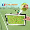 A foldable magnetic soccer coaching board displaying a field layout with numbered markers and a hand pointing to the diagram.
