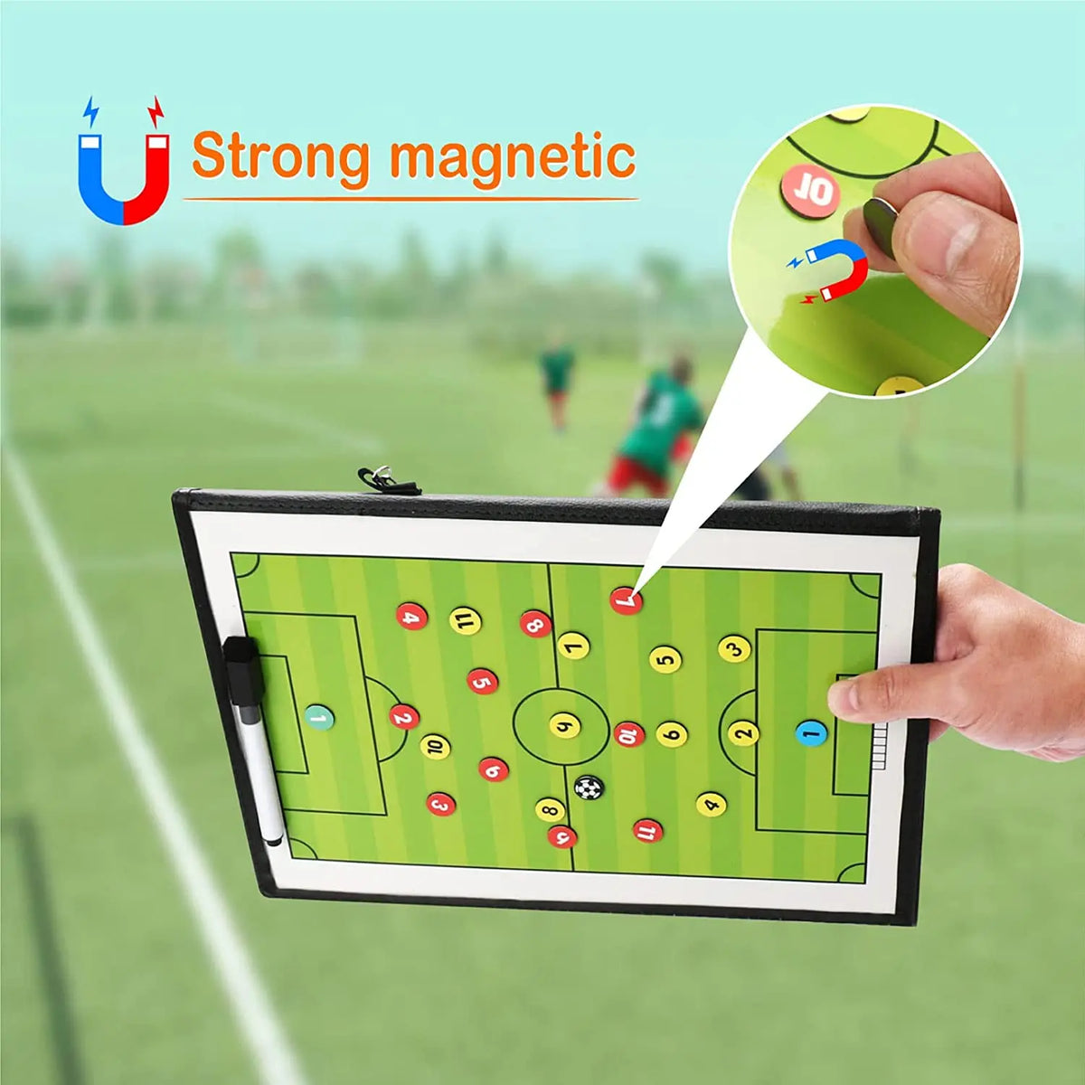 A foldable magnetic soccer coaching board displaying a field layout with numbered markers and a hand pointing to the diagram.