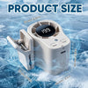 A white portable clip-on fan with an LED display is shown resting on ice or snow.