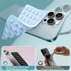 A silicone suction cup phone holder is shown with multiple silicone pads, demonstrating its double-sided suction cups and reu