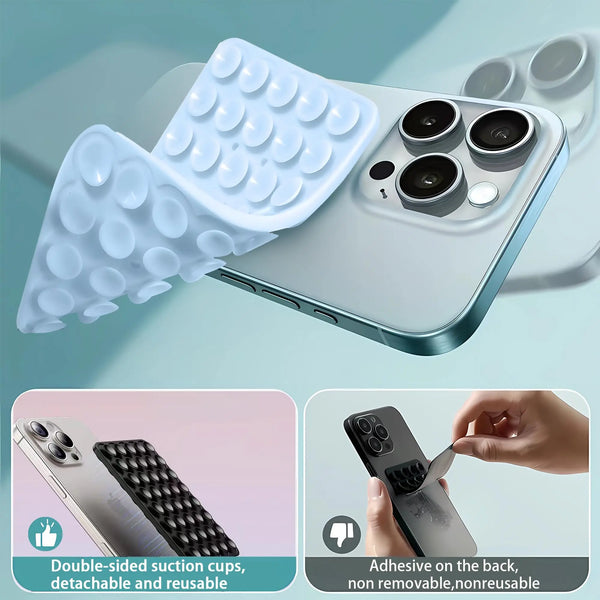 A silicone suction cup phone holder is shown with multiple silicone pads, demonstrating its double-sided suction cups and reu