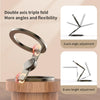 A foldable dual-axis phone stand demonstrating angle and height adjustments for a smartphone.