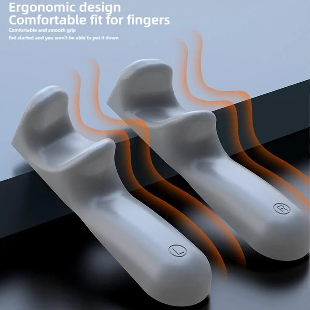 Two white silicone grips designed for comfortable fit on fingers, shown with heat lines.