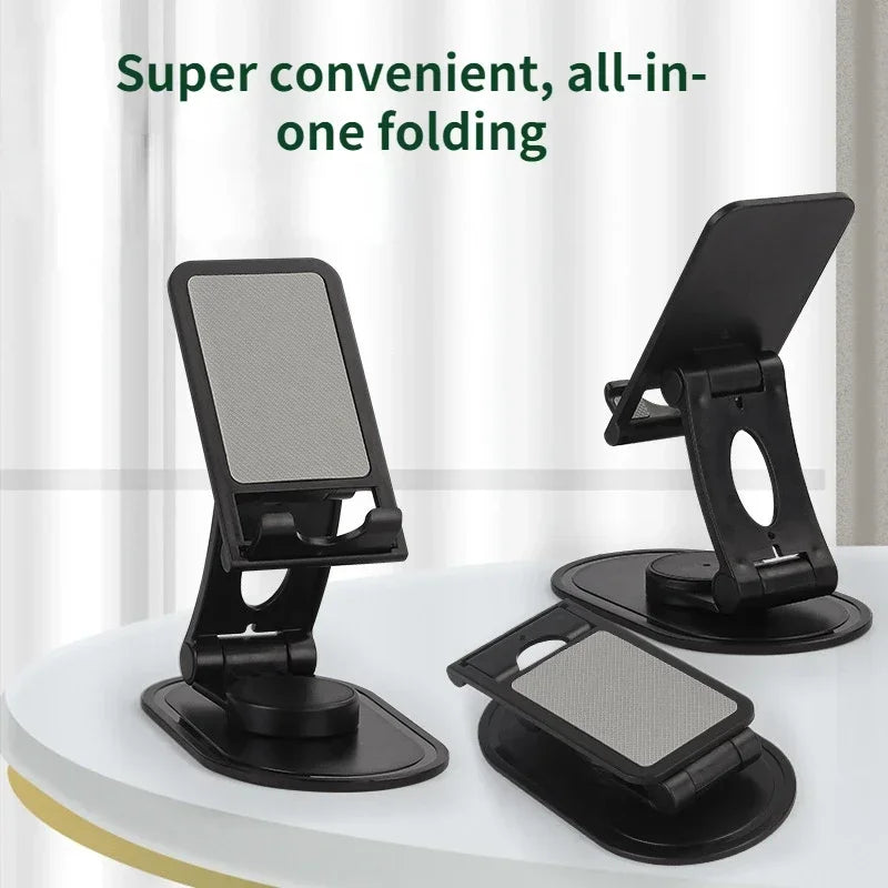 A black all-in-one folding stand for a phone or tablet, shown in various angles on a white surface.