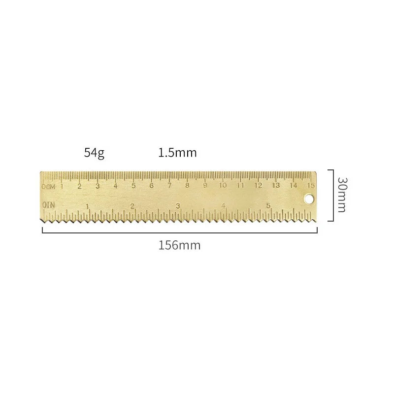 A brass drafting set with a 1.5mm scale and a 30mm ruler marked on a 156mm bar.