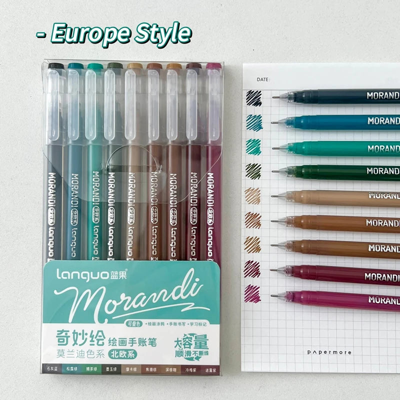 A set of nine Morandi retro gel pens in various colors displayed next to the product packaging.