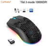 A black T66 3-mode gaming mouse with RGB lighting and a USB receiver shown next to the product.