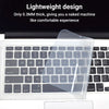 A clear silicone keyboard cover is placed on a laptop keyboard, demonstrating a lightweight design.