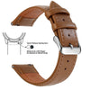 A brown genuine leather watch band featuring quick release spring bars and a slide lever for easy strap attachment.